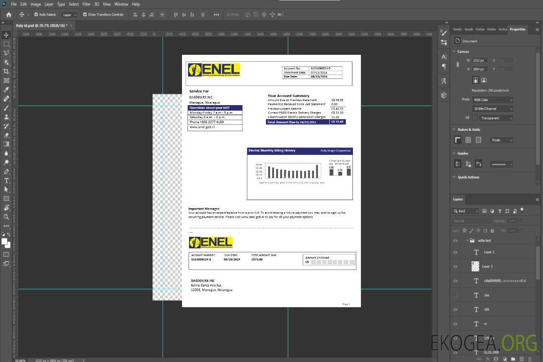 Modèle de facture de services publics d'électricité de la société nicaraguayenne d'électricité ENEL aux formats Word et PDF template